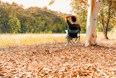 Rear view of man sitting on chair in forest during autumn