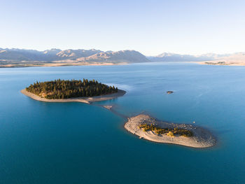 Aerial view of lake tekapo at dusk, new zealand