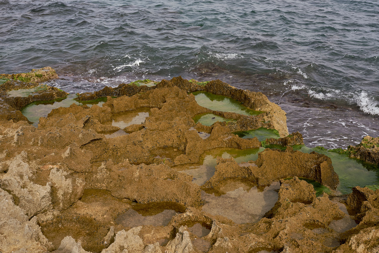 water, sea, rock, shore, beach, coast, land, beauty in nature, terrain, cliff, nature, wave, no people, ocean, scenics - nature, day, high angle view, body of water, tranquility, motion, geology, outdoors, sports, coastline, tranquil scene, bay, wind wave, rock formation, water sports, cove