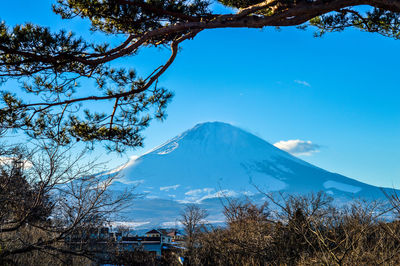 Scenic view of mountains against blue sky