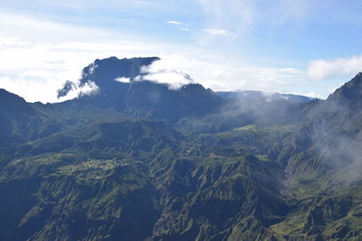 Aerial view of snowcapped mountains against sky