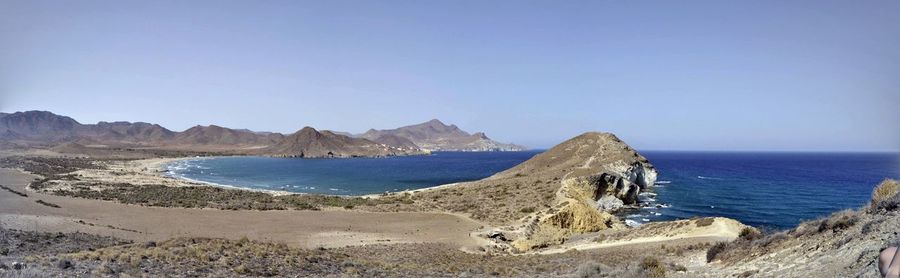 Panoramic view of sea against clear blue sky