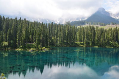 Scenic view of lake by mountains against sky