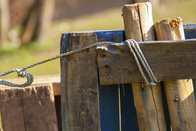 Close-up of rope on wooden fence