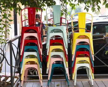 Low angle view of multi colored deck chairs