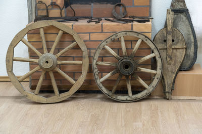 Old vintage car on table against wall