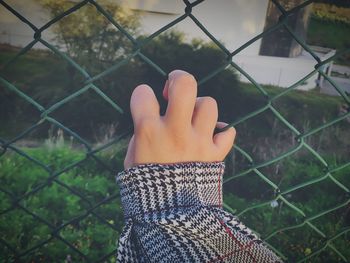 Close-up of human hand on chainlink fence
