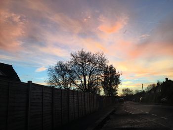 Silhouette bare trees by road against sky during sunset