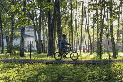 Man riding bicycle in forest