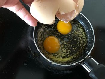 High angle view of egg in frying pan