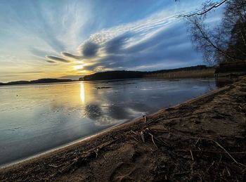 Scenic view of lake against sky during sunset