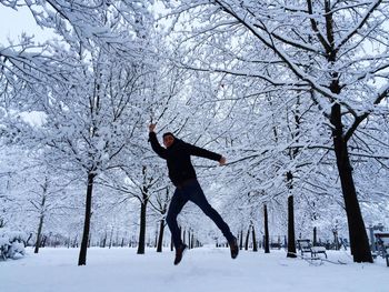 Man jumping on snow covered tree