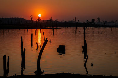 Silhouette wooden posts in lake against sky during sunset