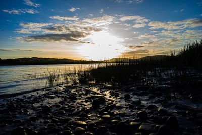 Scenic view of lake against sky during sunset