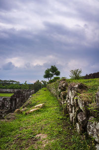 Stones on grassy field against cloudy sky