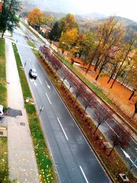 High angle view of road by trees in city