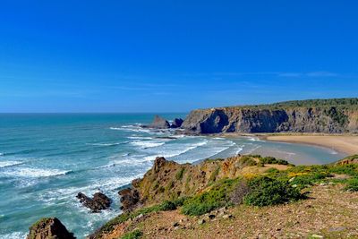 Scenic view of sea against blue sky