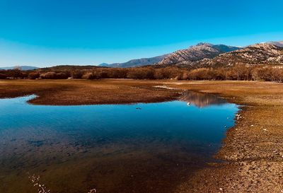 Scenic view of lake against clear blue sky