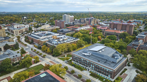 High angle view of buildings in city