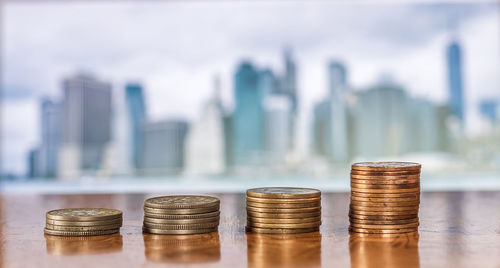 Close-up of coins on table