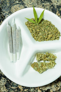 High angle view of vegetables in plate on table