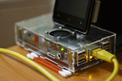 Close-up of vintage car on table