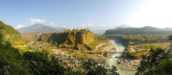 Scenic view of river by cliffs against sky