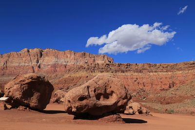 Rocks on sand against blue sky
