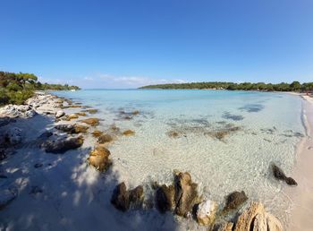 Scenic view of beach against clear blue sky