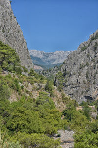 Scenic view of mountains against clear blue sky