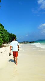 Rear view of man walking on beach