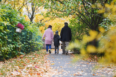 Rear view of boy walking with great grandfather and mother in park during autumn