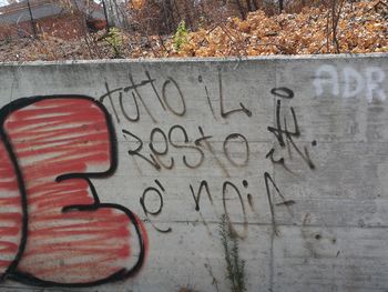 Close-up of text on brick wall