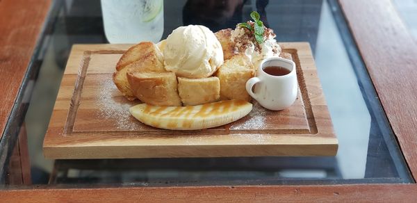 Close-up of dessert served on table