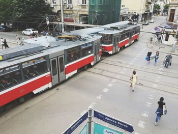 High angle view of people on train in city