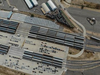 Aerial view of vehicles in factory