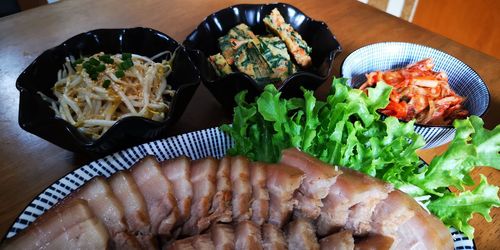 High angle view of meal served on table