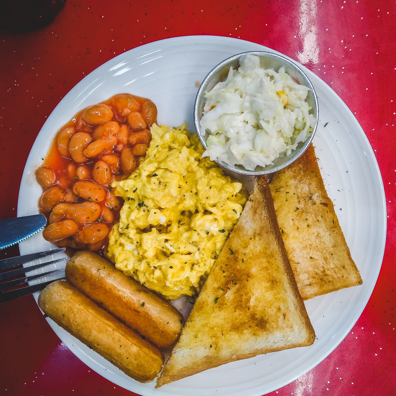 HIGH ANGLE VIEW OF BREAKFAST ON TABLE