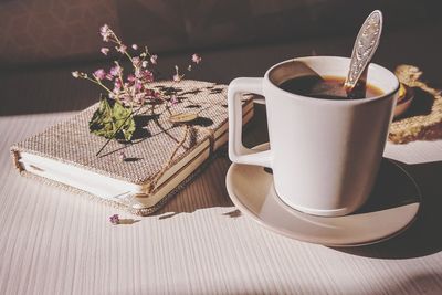 Close-up of coffee served on table