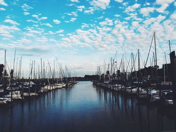 Boats moored at harbor