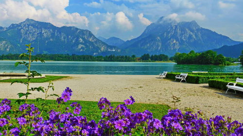 Scenic view of lake against cloudy sky