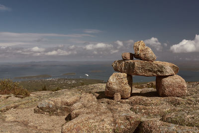 Cairn on the summit of cadillac mountain in acadia national park on mount desert island, maine 