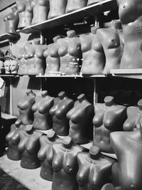 Full frame of objects on shelf