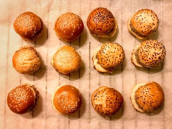 Directly above shot of burgers on table