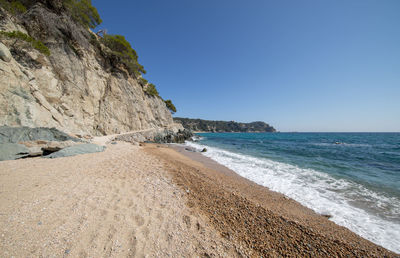 Scenic view of beach against clear blue sky