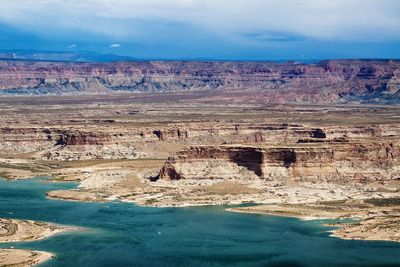Aerial view of rock formations in water