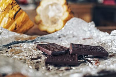 Close-up of chocolate cake on table