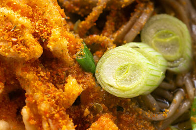 Close-up of a japanese noodle soup with soba, tempura, spring onions and green beans,