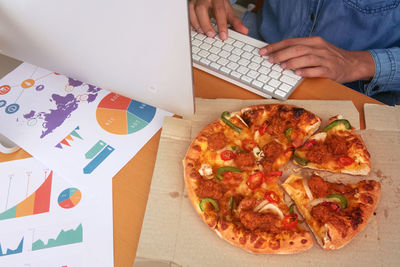 High angle view of pizza on table