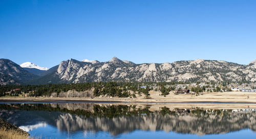 Scenic view of lake and mountains against clear blue sky